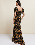 SEVILLIA MAXI DRESS IN BLACK & RED FLOR DE AMOR SILK CHIFFON