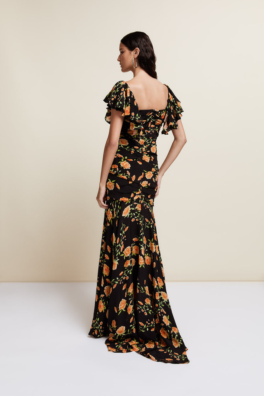 SEVILLIA MAXI DRESS IN BLACK & RED FLOR DE AMOR SILK CHIFFON