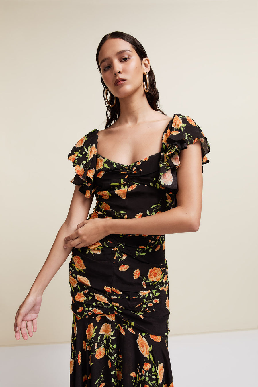 SEVILLIA MAXI DRESS IN BLACK & RED FLOR DE AMOR SILK CHIFFON