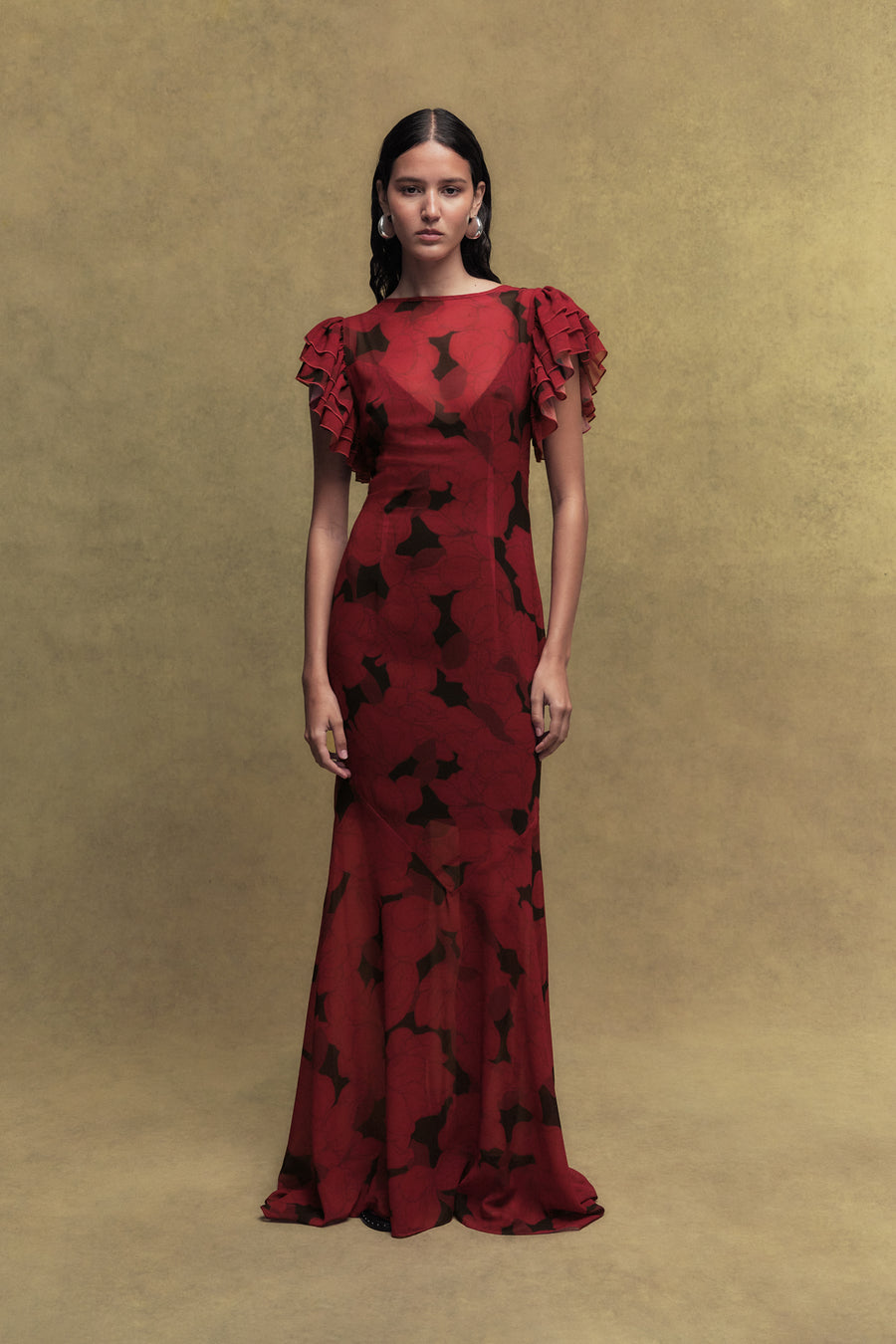 BOUGAINVILLEA CHIFFON MAXI DRESS IN SCARLET MAGNOLIA PRINT DE LA VALI OFFICIAL BOUGAINVILLEA CHIFFON MAXI DRESS IN SCARLET MAGNOLIA PRINT DE LA VALI OFFICIAL