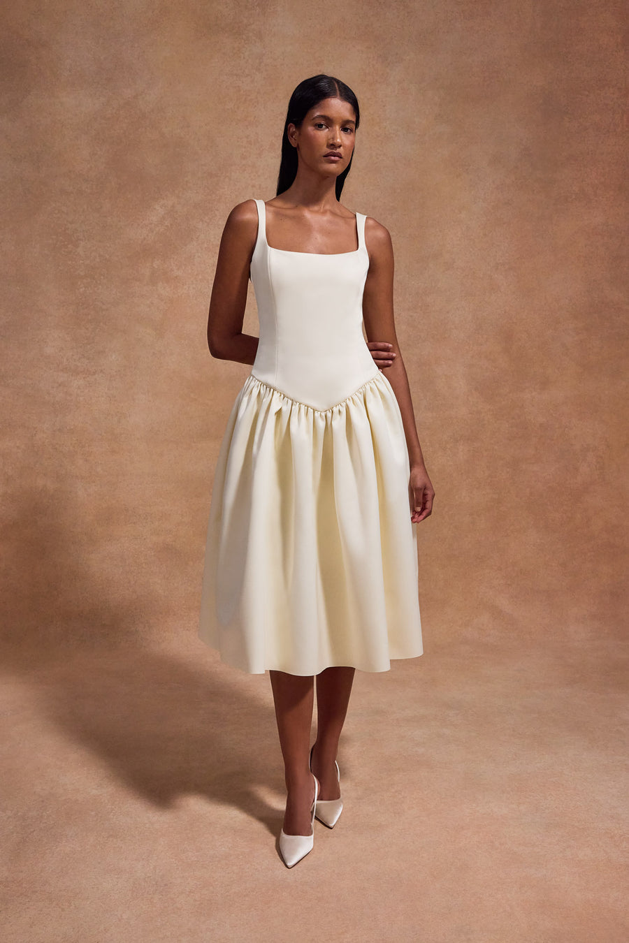 LOLA MIDI DRESS IN IVORY BONDED SATIN