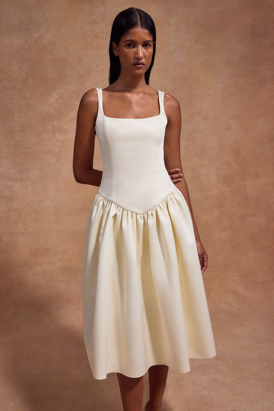 LOLA MIDI DRESS IN IVORY BONDED SATIN