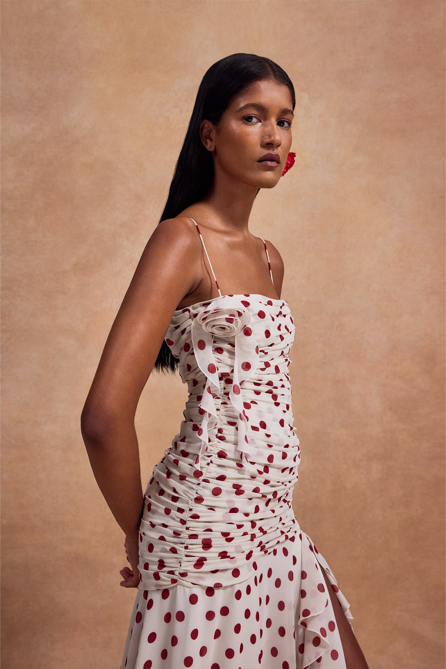 ROSADO MAXI DRESS IN POLKA DOT IVORY RED CHIFFON
