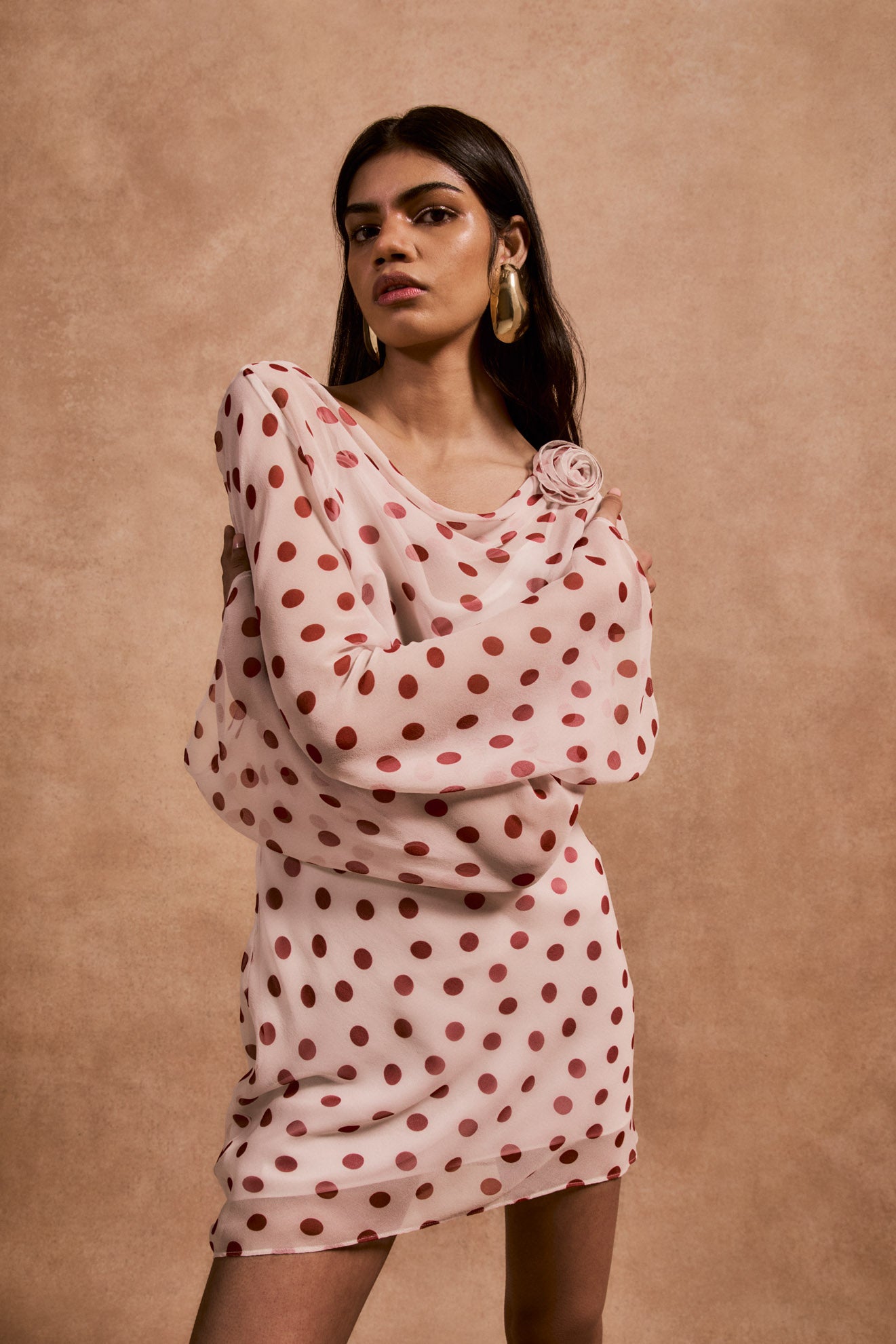 GRACIA MINI DRESS IN IVORY RED POLKA DOT SILK CHIFFON - De La Vali