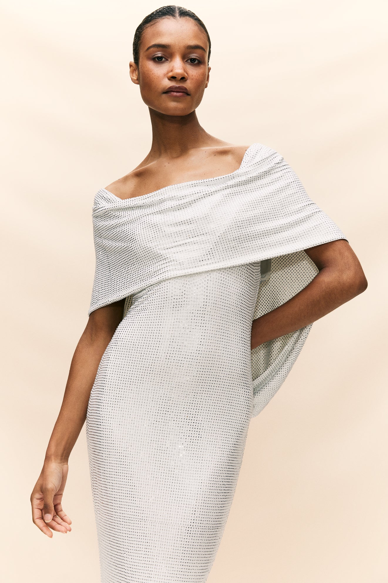 MANHATTAN MAXI DRESS IN WHITE DIAMANTE JERSEY - De La Vali