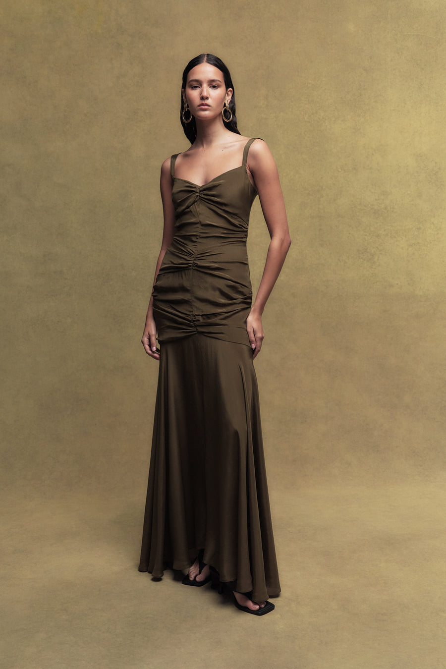 PERDITA CREPE DE CHINE MAXI DRESS IN OLIVE GREEN