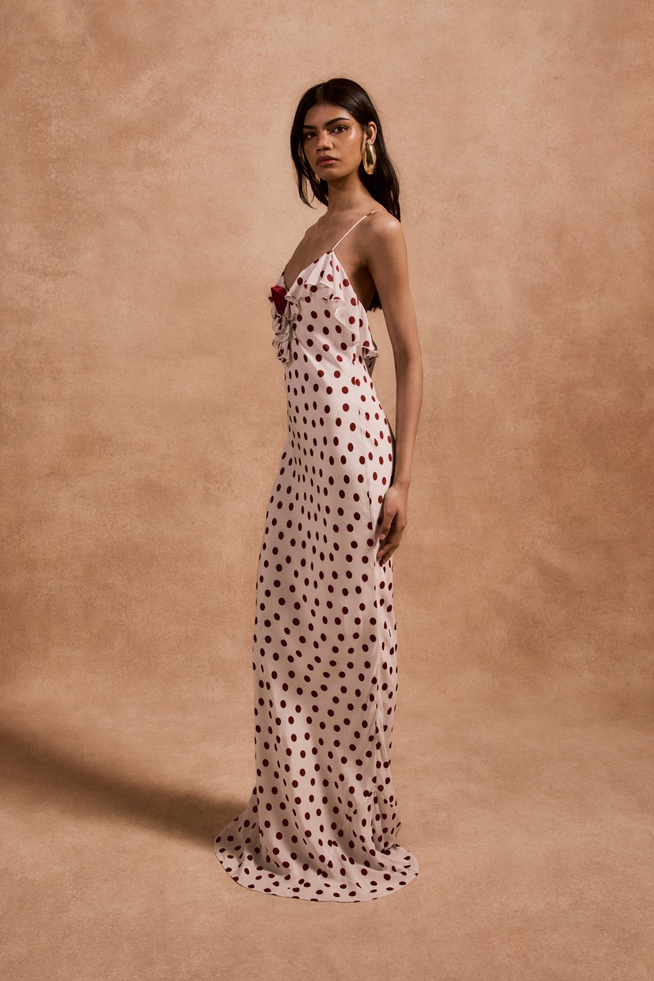 ESPERANZA LONG DRESS IN IVORY RED POLKADOT CREPE DE CHINE - De La Vali