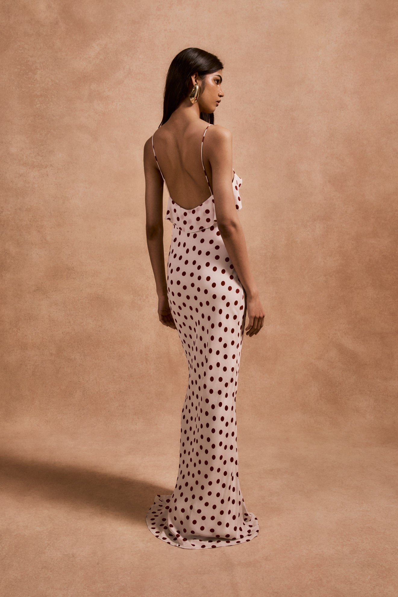 ESPERANZA LONG DRESS IN IVORY RED POLKADOT CREPE DE CHINE - De La Vali
