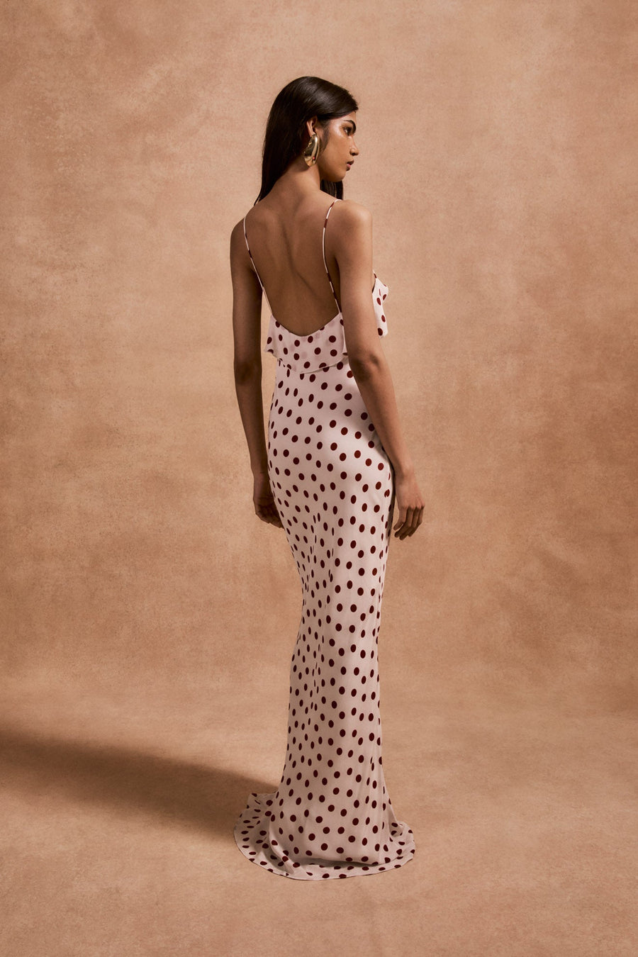 ESPERANZA LONG DRESS IN IVORY RED POLKADOT CREPE DE CHINE