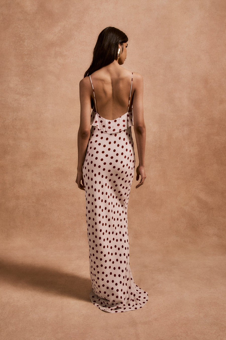 ESPERANZA LONG DRESS IN IVORY RED POLKADOT CREPE DE CHINE
