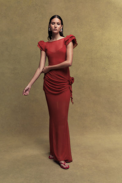 FLORENTINE CHIFFON MAXI DRESS IN SCARLET – DE LA VALI OFFICIAL