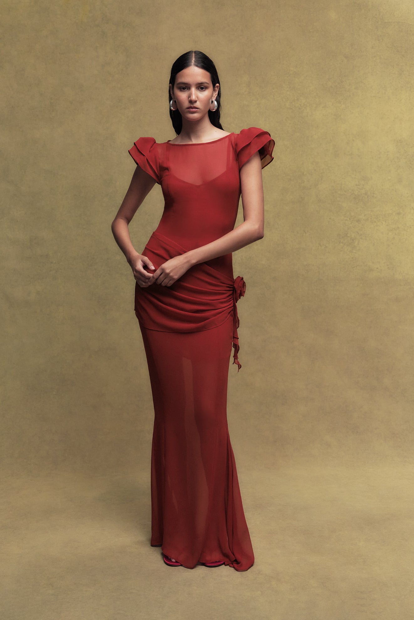 FLORENTINE CHIFFON MAXI DRESS IN SCARLET - De La Vali