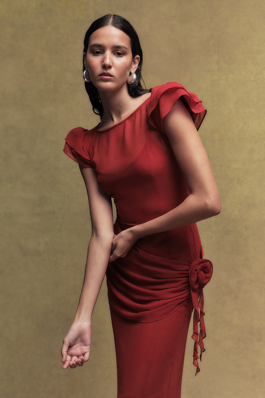FLORENTINE CHIFFON MAXI DRESS IN SCARLET