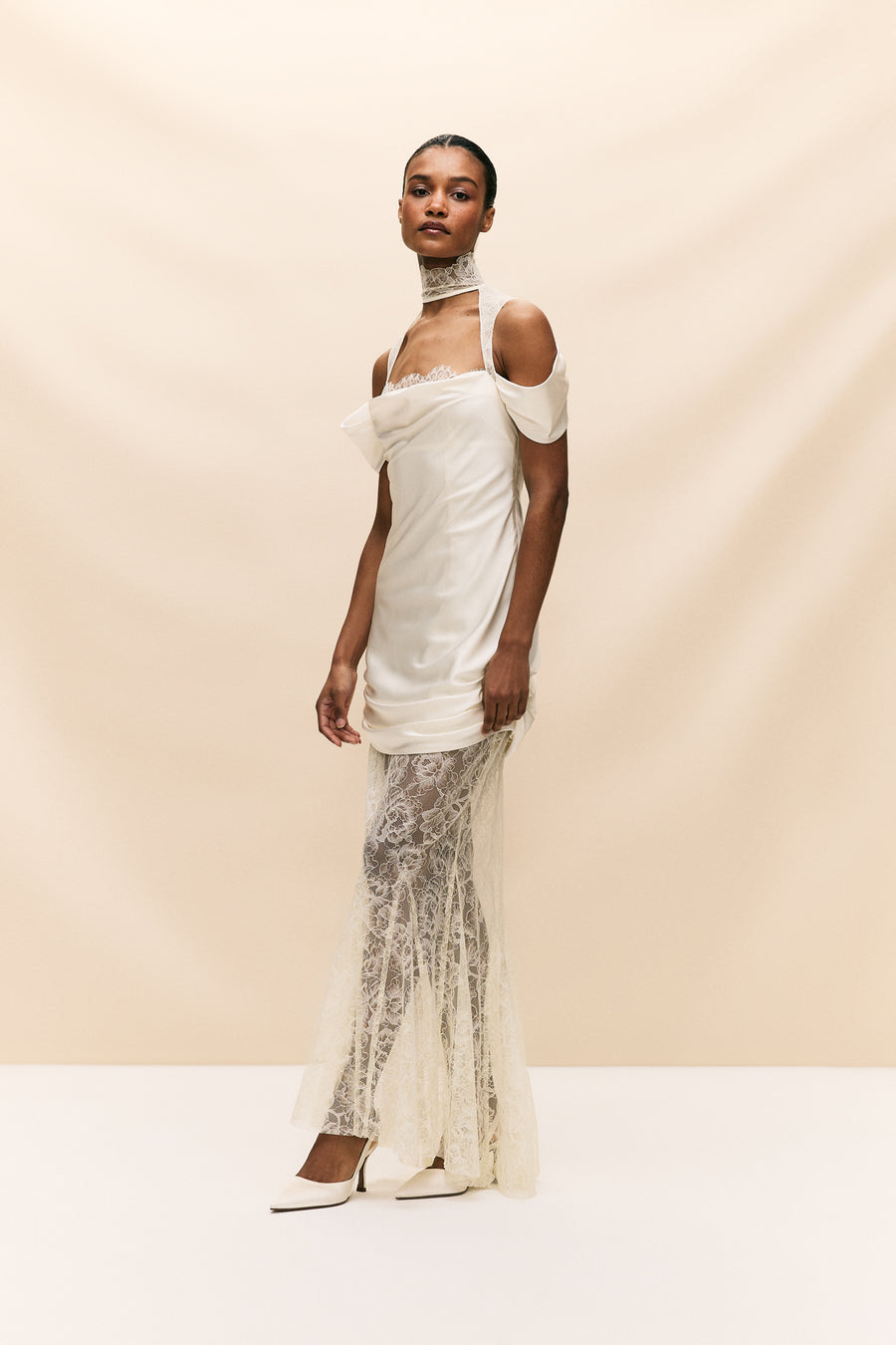 BELLEZA MAXI DRESS IN SILK SATIN AND LACE IVORY