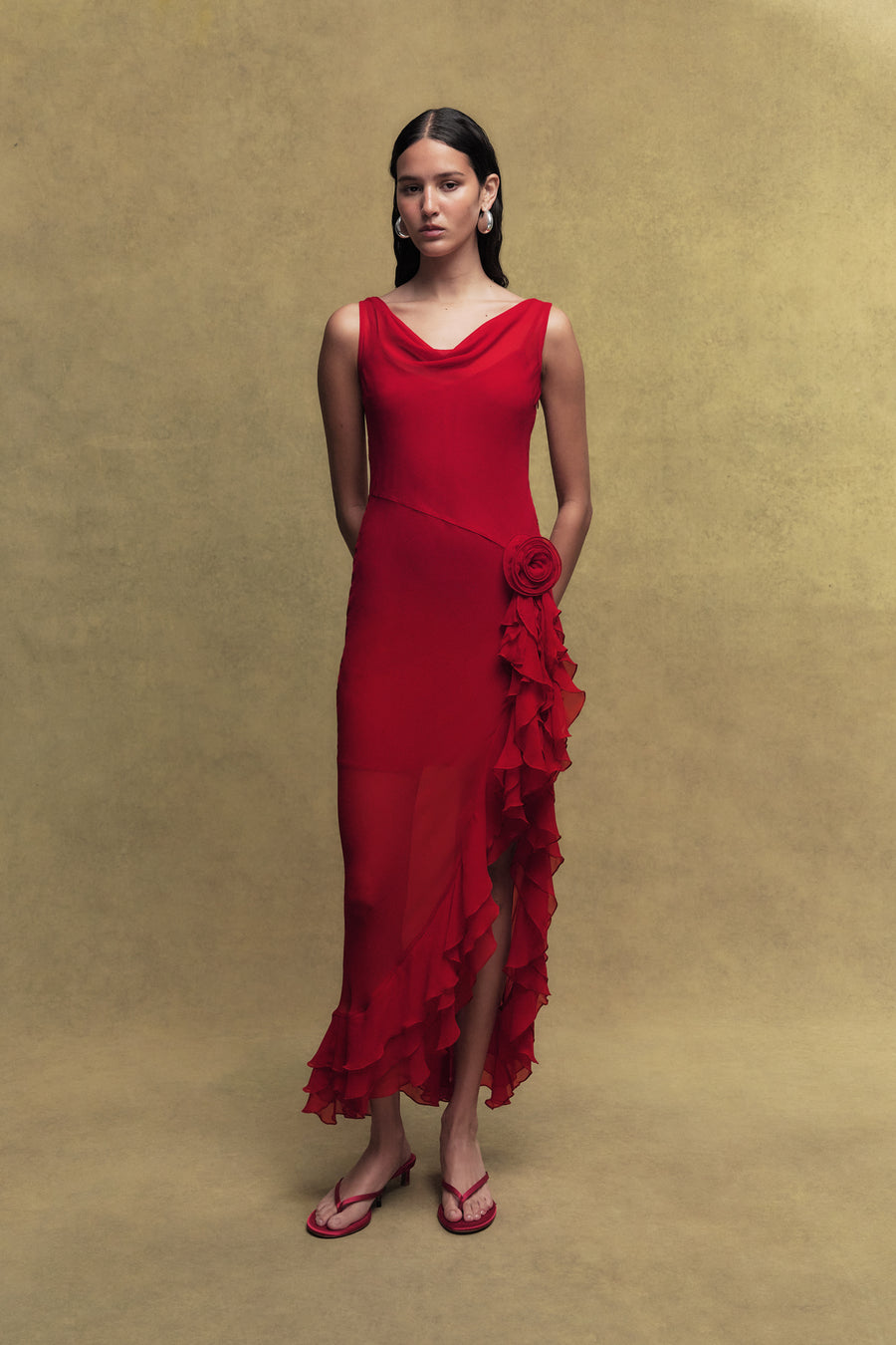 AZURA SILK CHIFFON LONG DRESS IN SCARLET