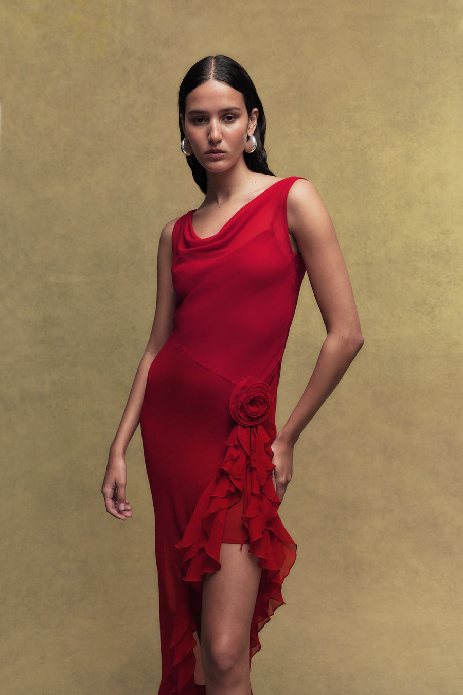 AZURA SILK CHIFFON LONG DRESS IN SCARLET