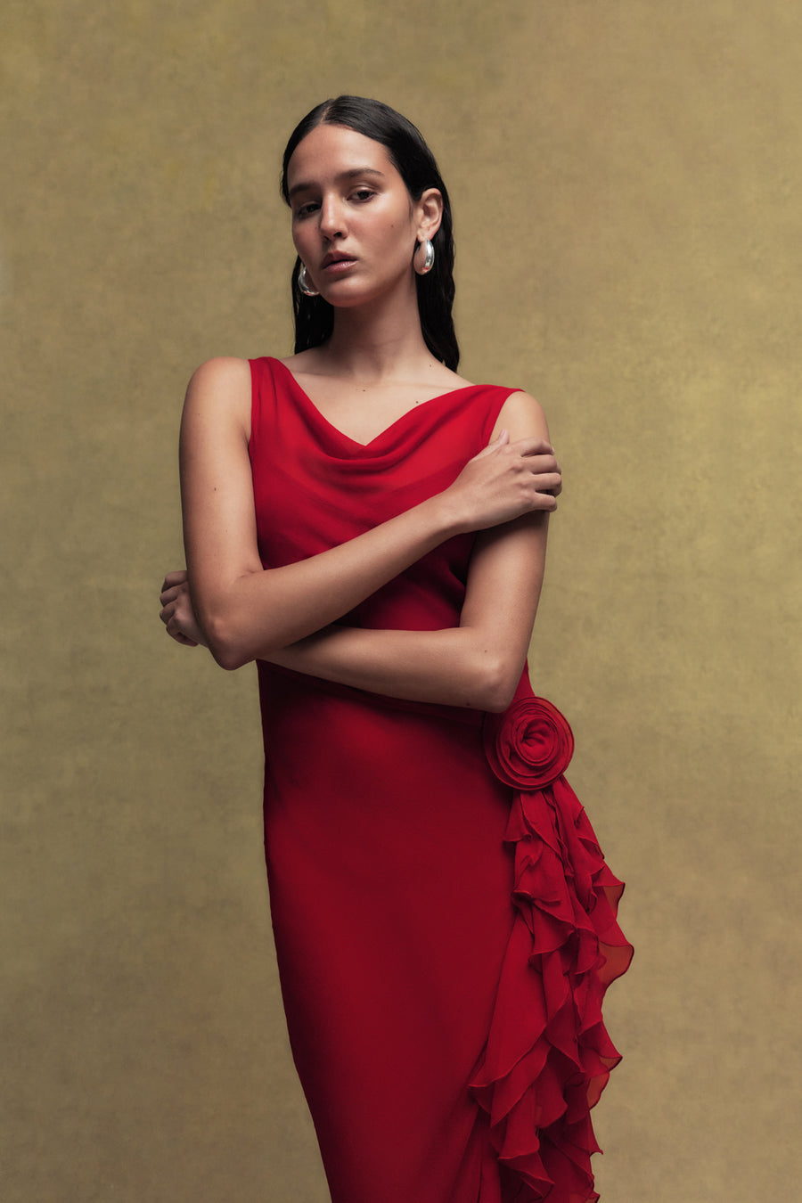 AZURA SILK CHIFFON LONG DRESS IN SCARLET