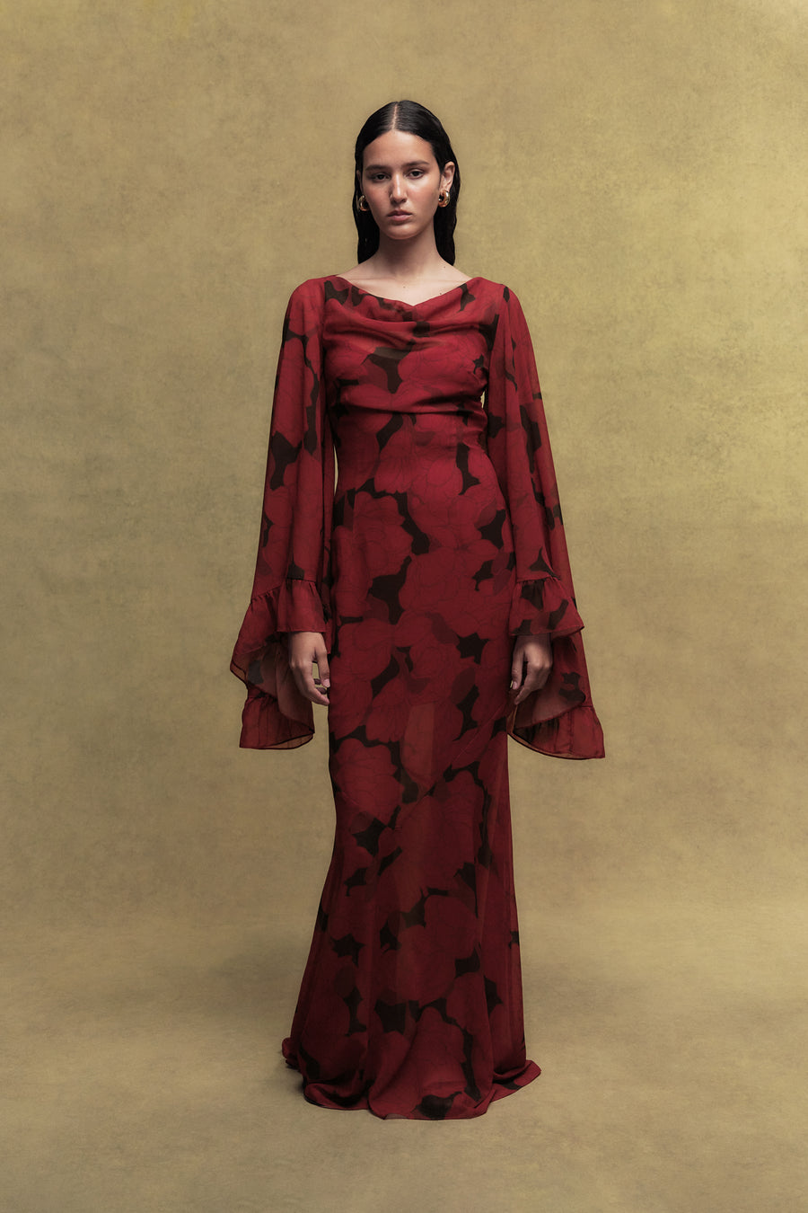 MARA CHIFFON LONG DRESS IN SCARLET MAGNOLIA PRINT