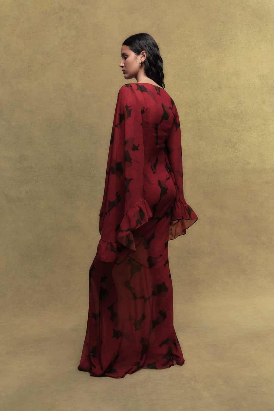 MARA CHIFFON LONG DRESS IN SCARLET MAGNOLIA PRINT