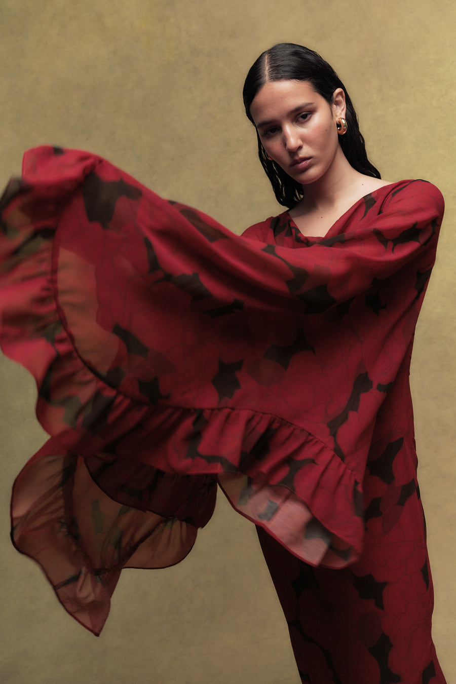 MARA CHIFFON LONG DRESS IN SCARLET MAGNOLIA PRINT