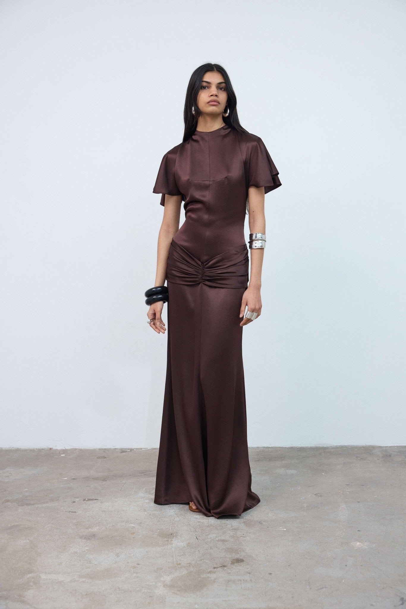 MYRA MAXI DRESS IN BROWN DOUBLE SATIN