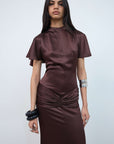 MYRA MAXI DRESS IN BROWN DOUBLE SATIN - De La Vali
