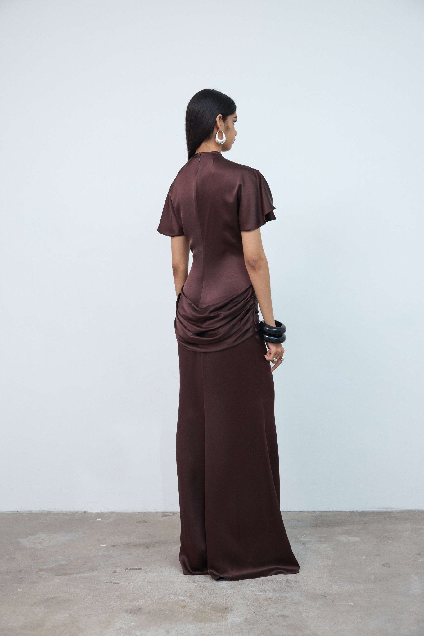 MYRA MAXI DRESS IN BROWN DOUBLE SATIN - De La Vali
