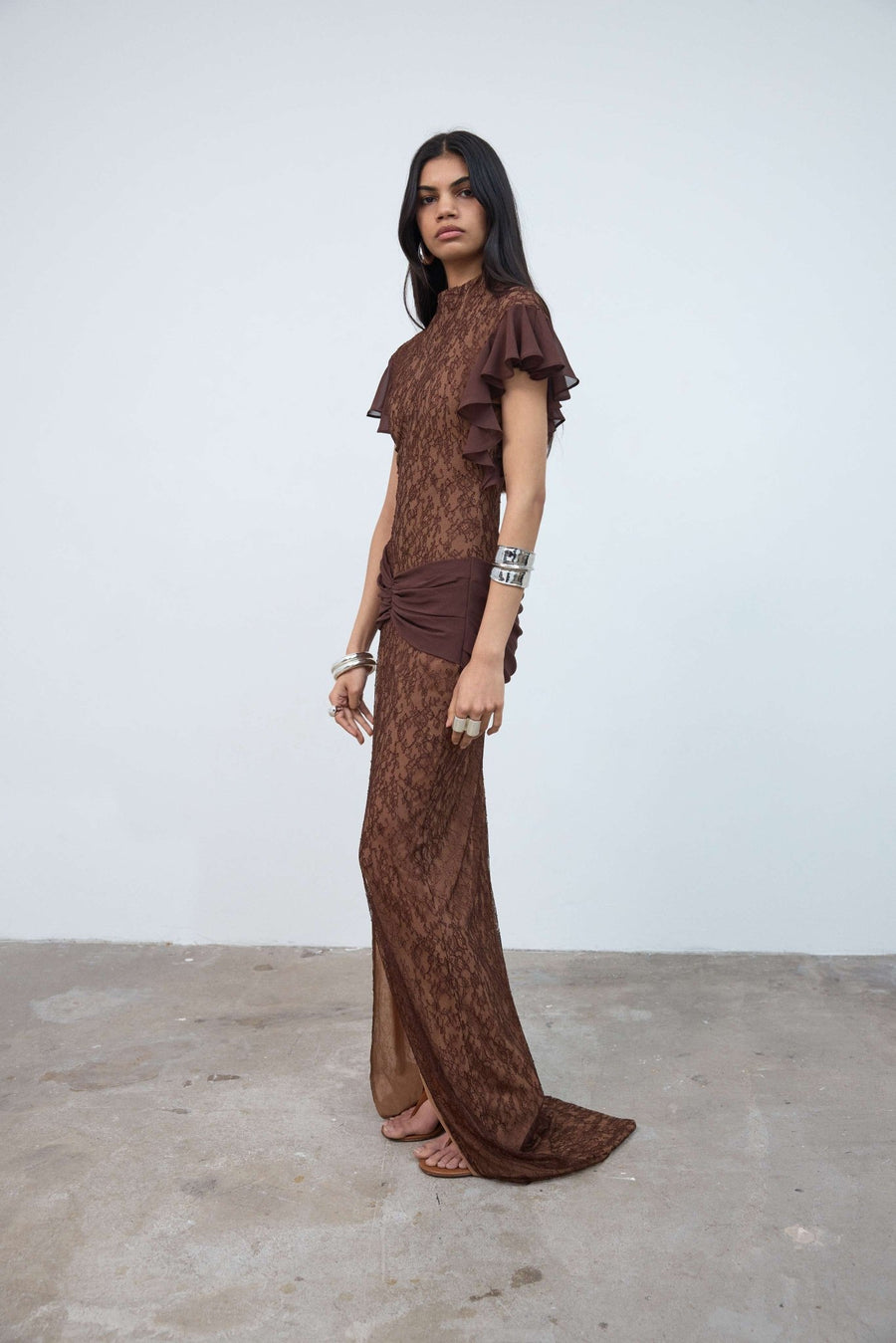 Noor Maxi Dress in Brown Lace - De La Vali DE LA VALI OFFICIAL Noor Maxi Dress in Brown Lace - De La Vali DE LA VALI OFFICIAL