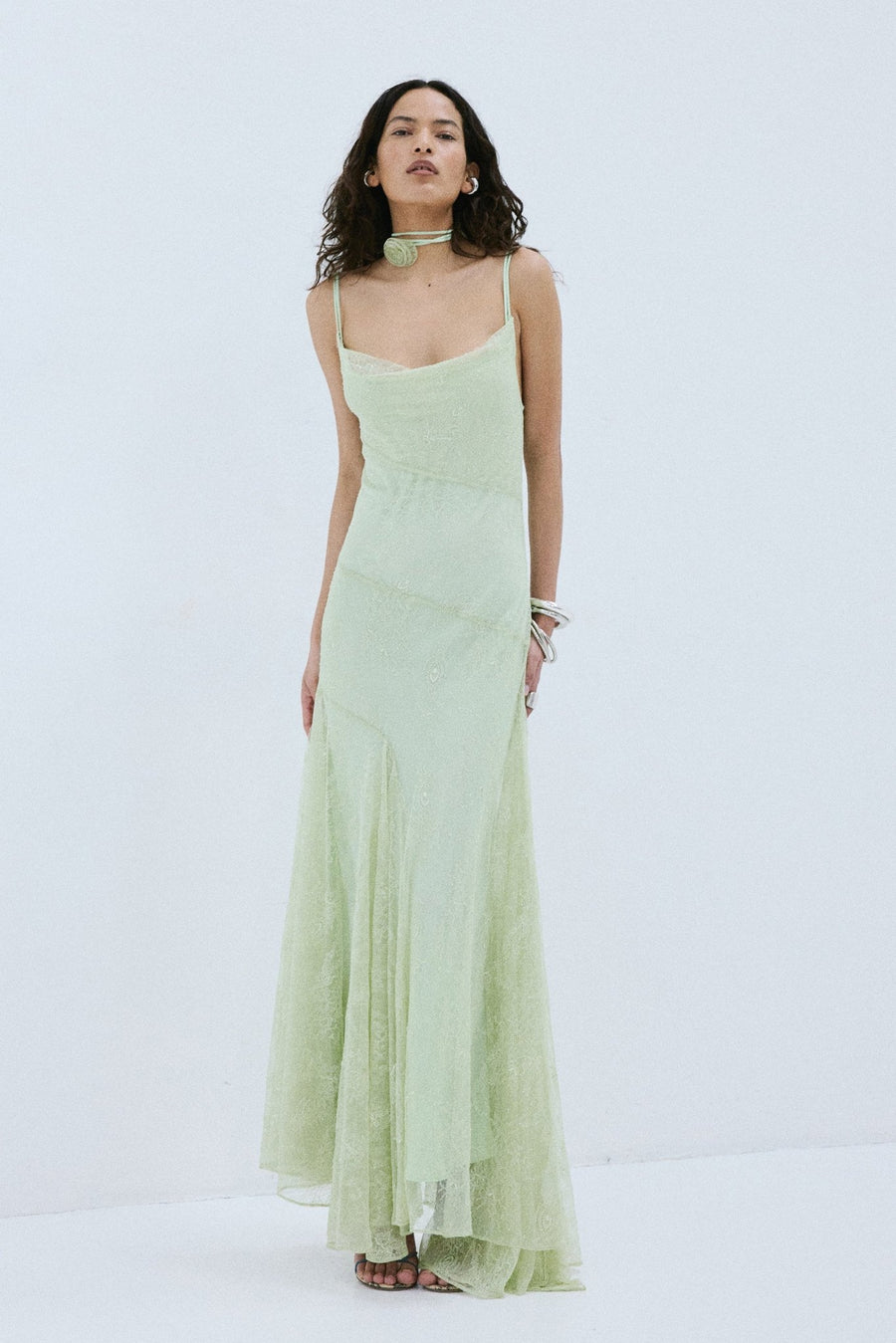 de la vali green dress CALIMA MAXI IN MINT FINE LACE Printed Mesh Strapless Mini Asymmetric Maxi Dress Asymmetric sleeve_Puff Sleeves Size:95W