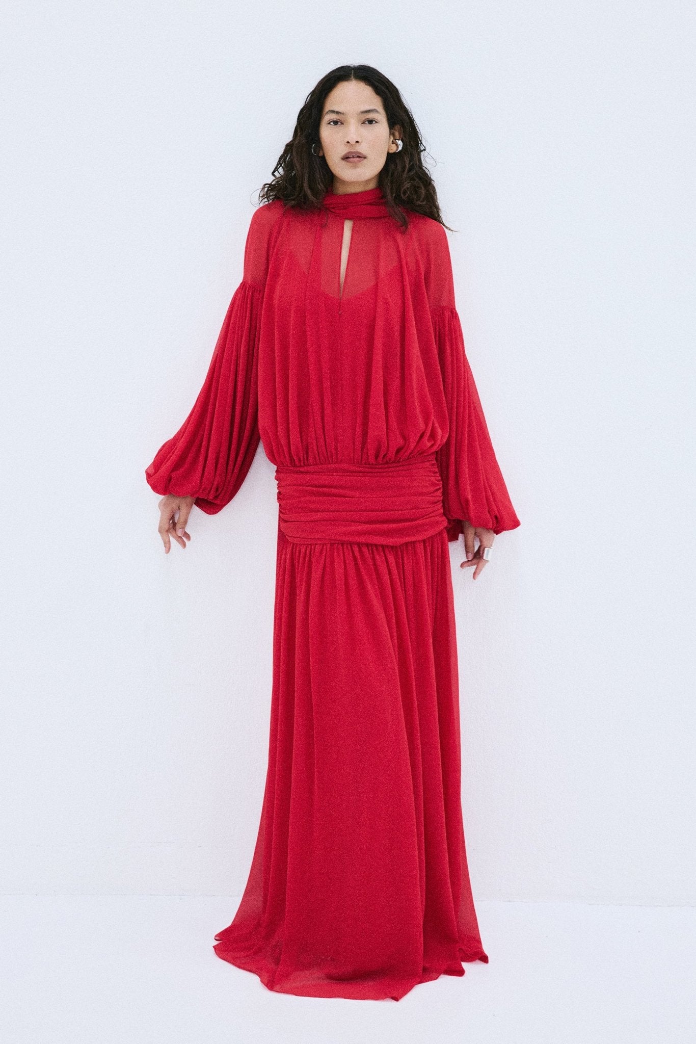 SOLANA MAXI DRESS IN RUBY RED POLY CHIFFON - De La Vali