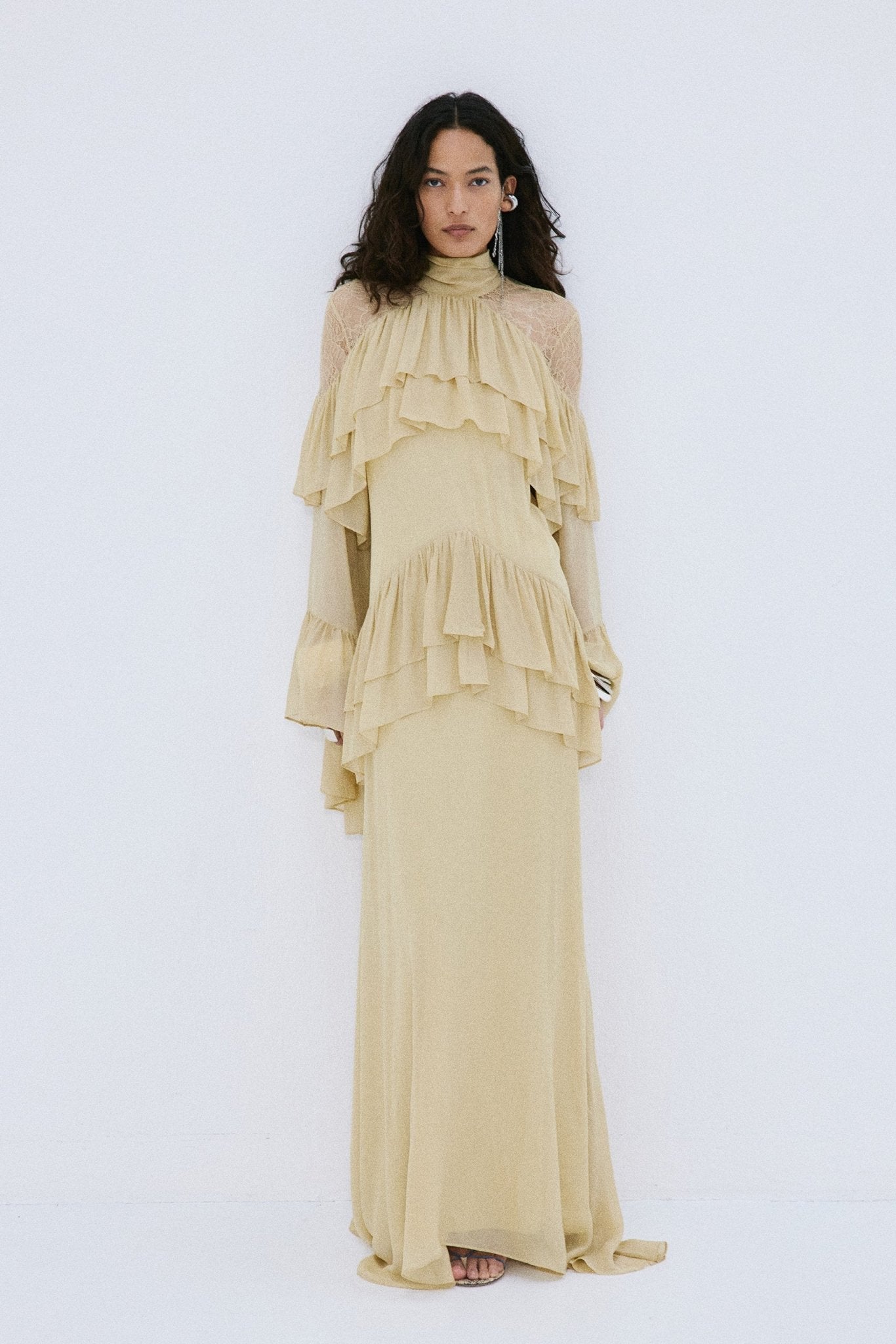 de la vali daira mock-neck ruffle long-sleeve bias-cut maxi dress De La Vali Daira Mock-Neck Ruffle Long-Sleeve Bias-Cut Maxi Dress