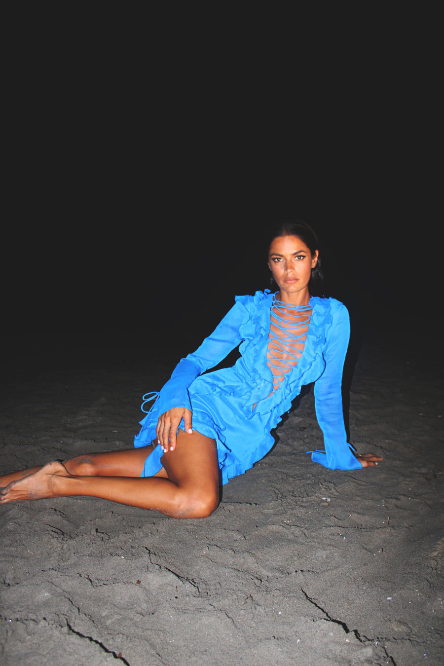 SIREN MINI DRESS IN BLUE CRINKLE CHIFFON