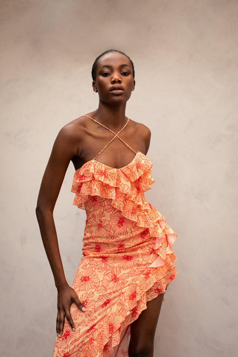 Tranquilla Cross Shoulder Maxi Dress in Art Deco Floral