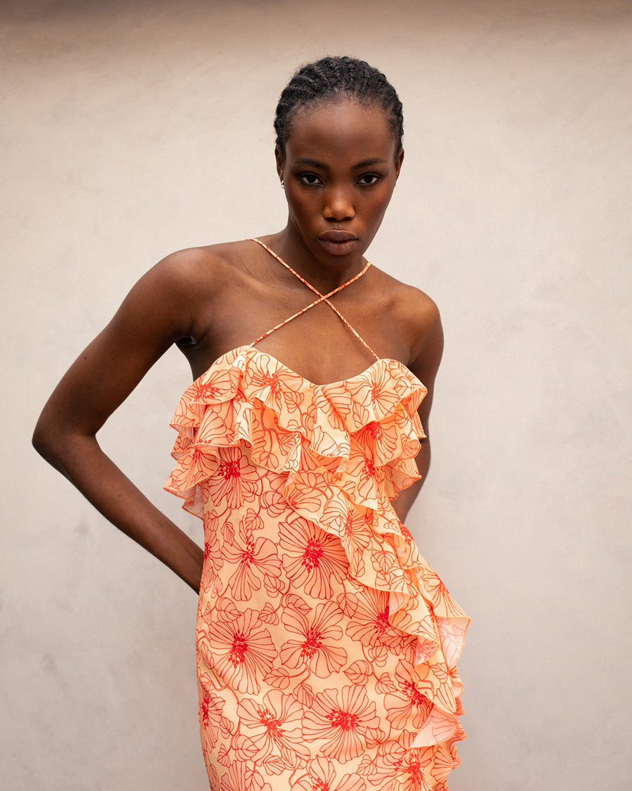 Tranquilla Cross Shoulder Maxi Dress in Art Deco Floral