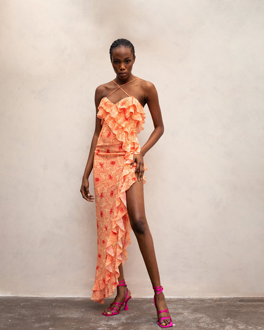 Tranquilla Cross Shoulder Maxi Dress in Art Deco Floral