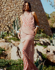 DIOSA SKIRT IN MAROON & TURQUOISE STRIPE GEORGETTE - De La Vali