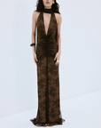 AMORA MAXI DRESS IN BROWN LACE TULLE - De La Vali