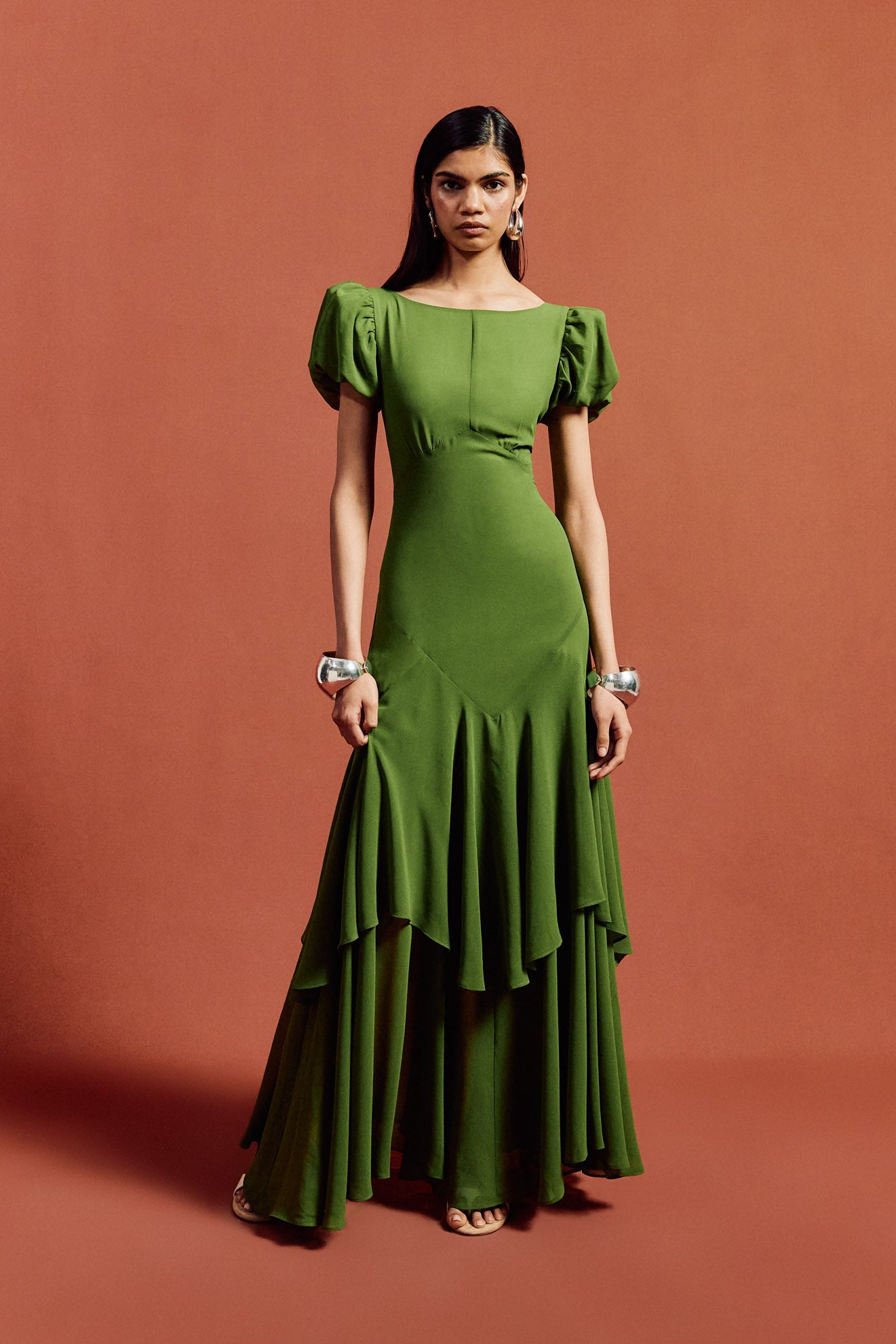 ANETTA MAXI DRESS IN FOREST GREEN CHIFFON - De La Vali