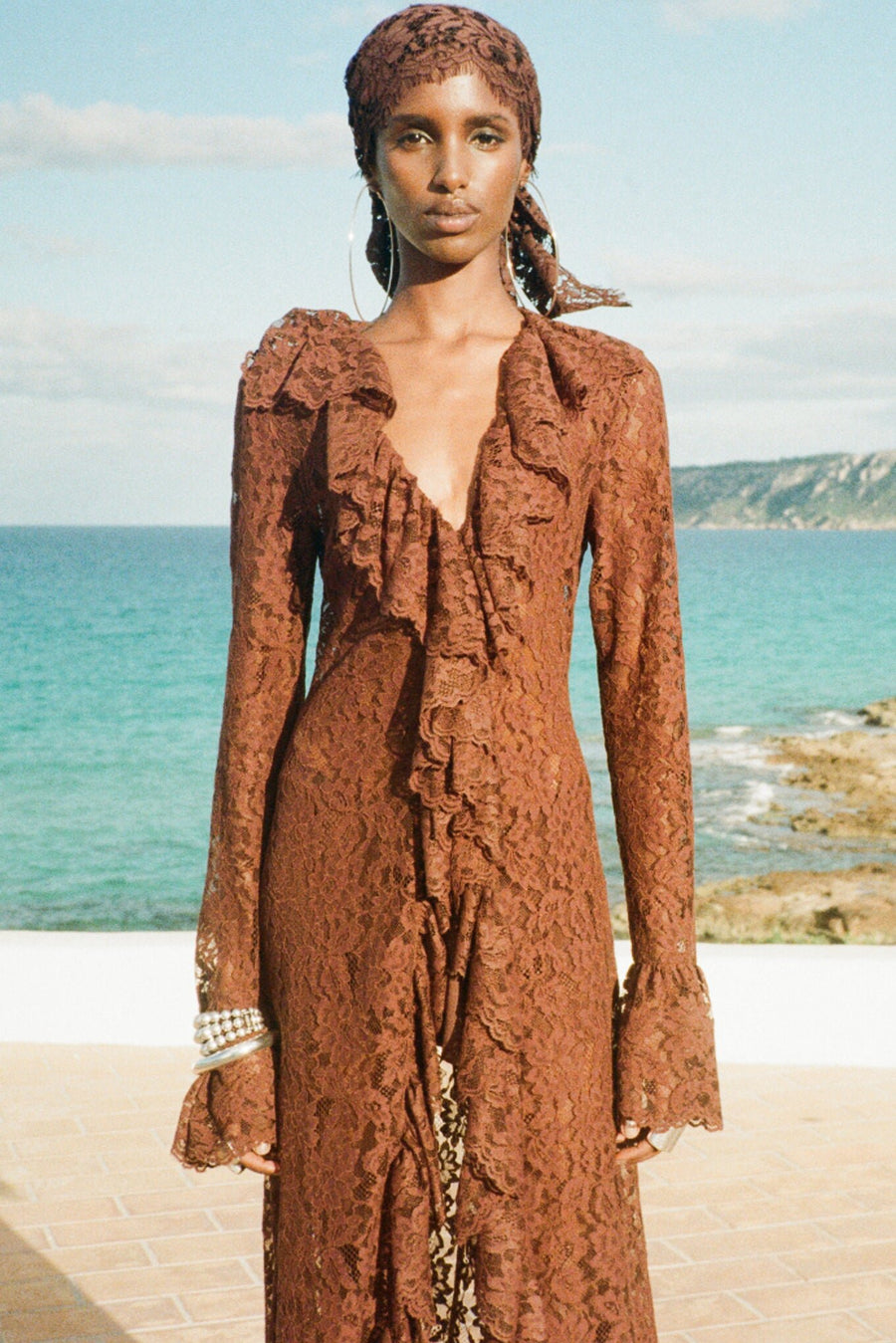 de la vali brown dress CLEMENTINA MAXI DRESS IN BROWN NYLON LACE