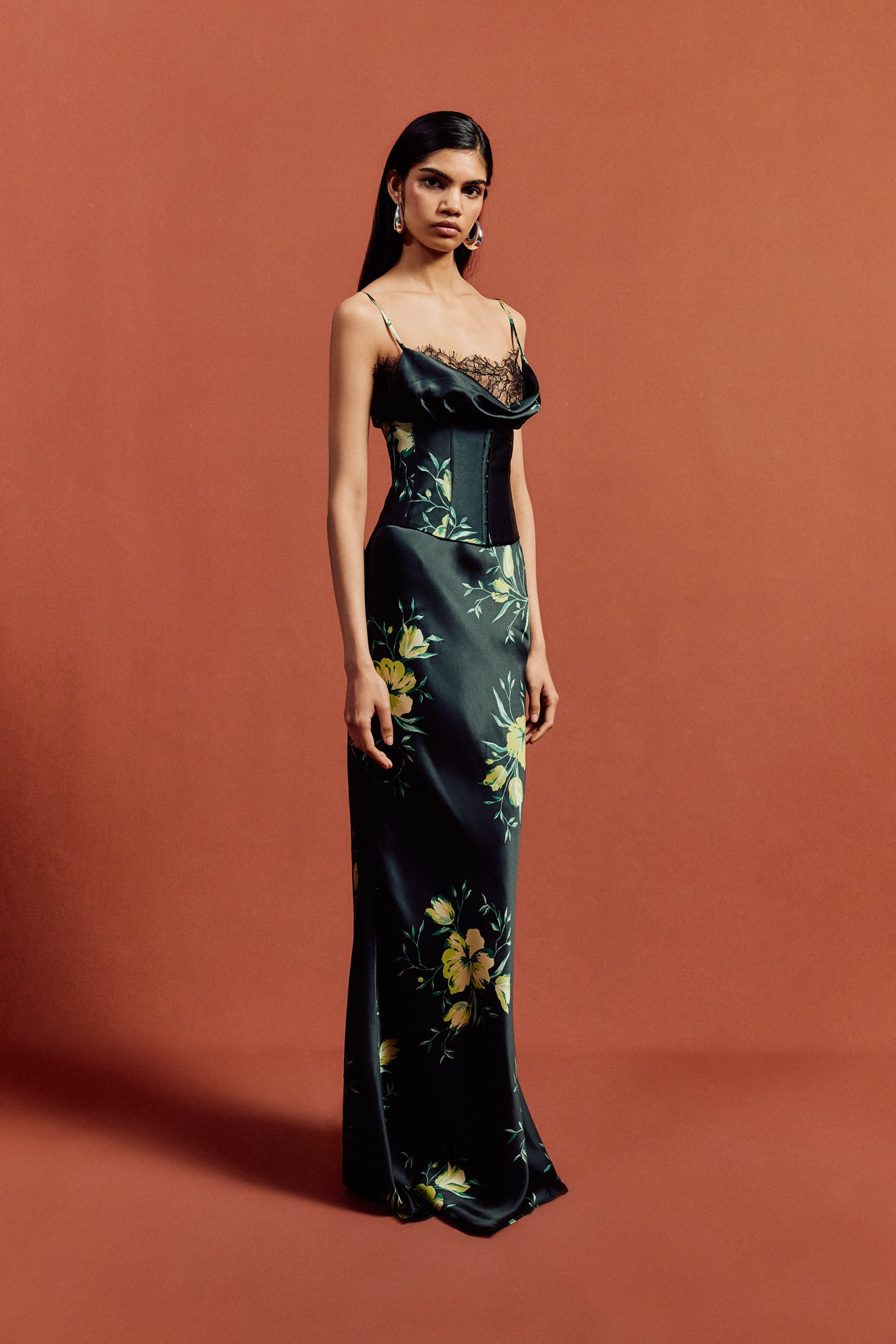 CLEODORA MAXI DRESS IN PRIMAVERA - BLACK SILK SATIN & LACE - De La Vali