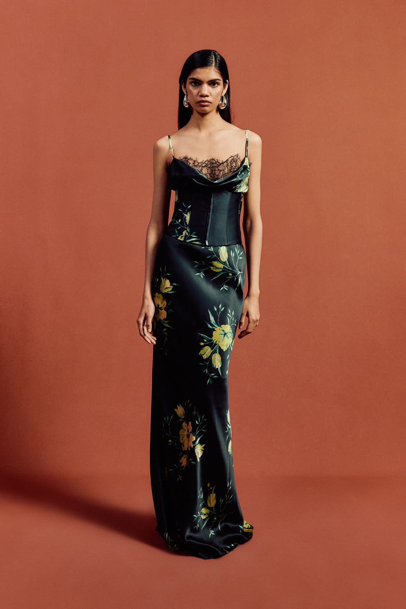 CLEODORA MAXI DRESS IN PRIMAVERA - BLACK SILK SATIN & LACE - De La Vali