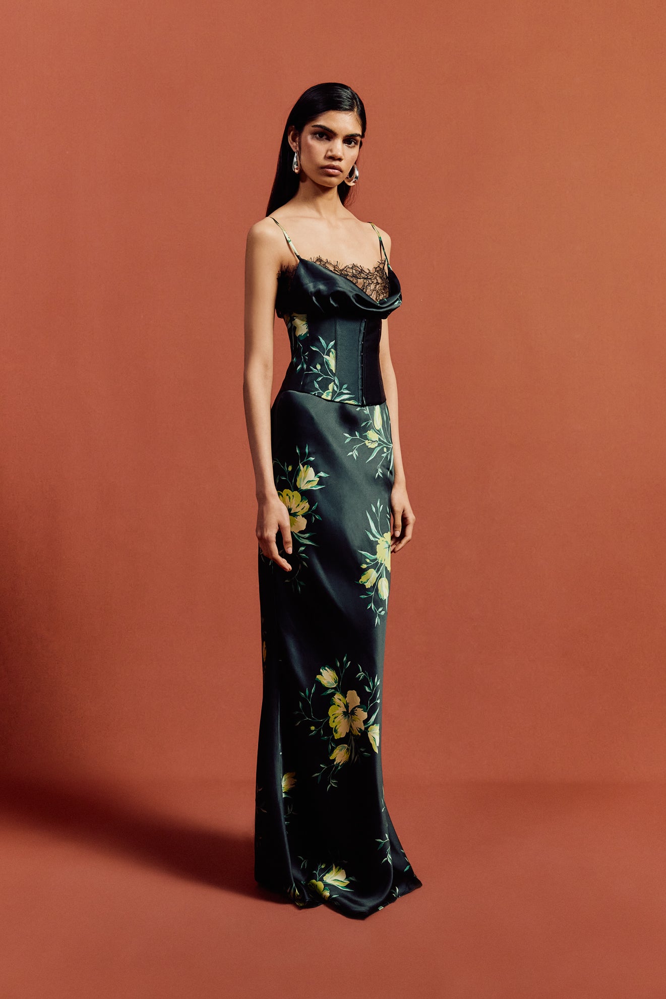 CLEODORA MAXI DRESS IN PRIMAVERA - BLACK SILK SATIN & LACE - De La Vali