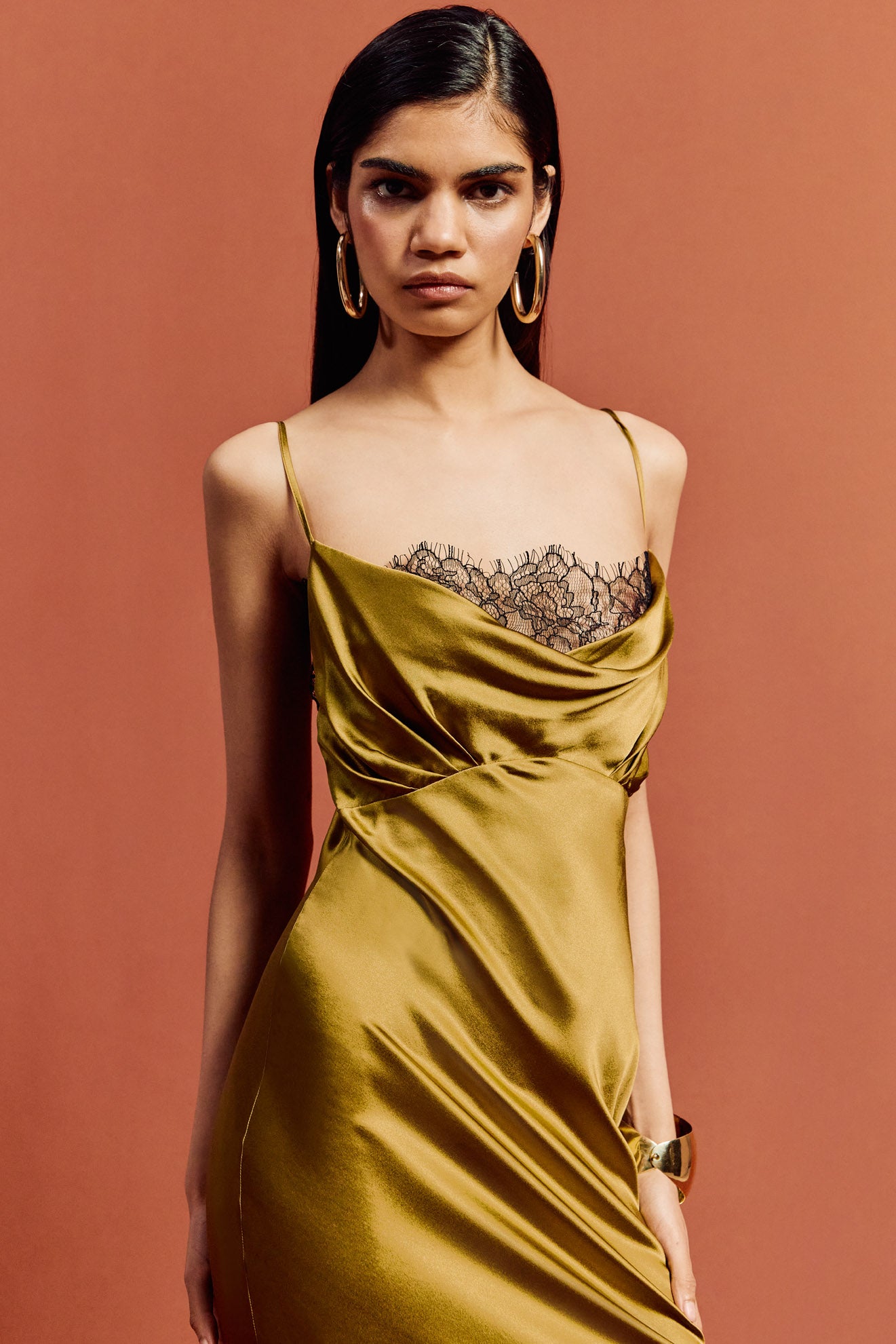 DORADA MAXI DRESS IN FENNEL SILK SATIN & LACE - De La Vali