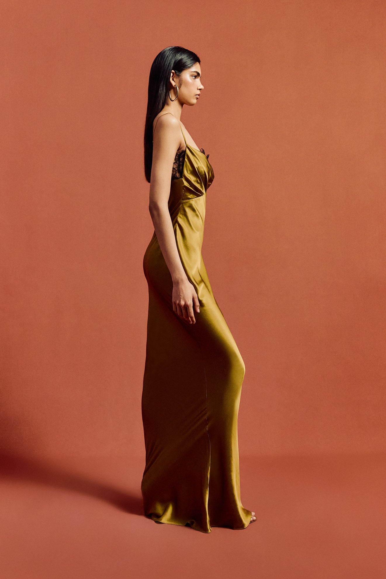 DORADA MAXI DRESS IN FENNEL SILK SATIN & LACE - De La Vali