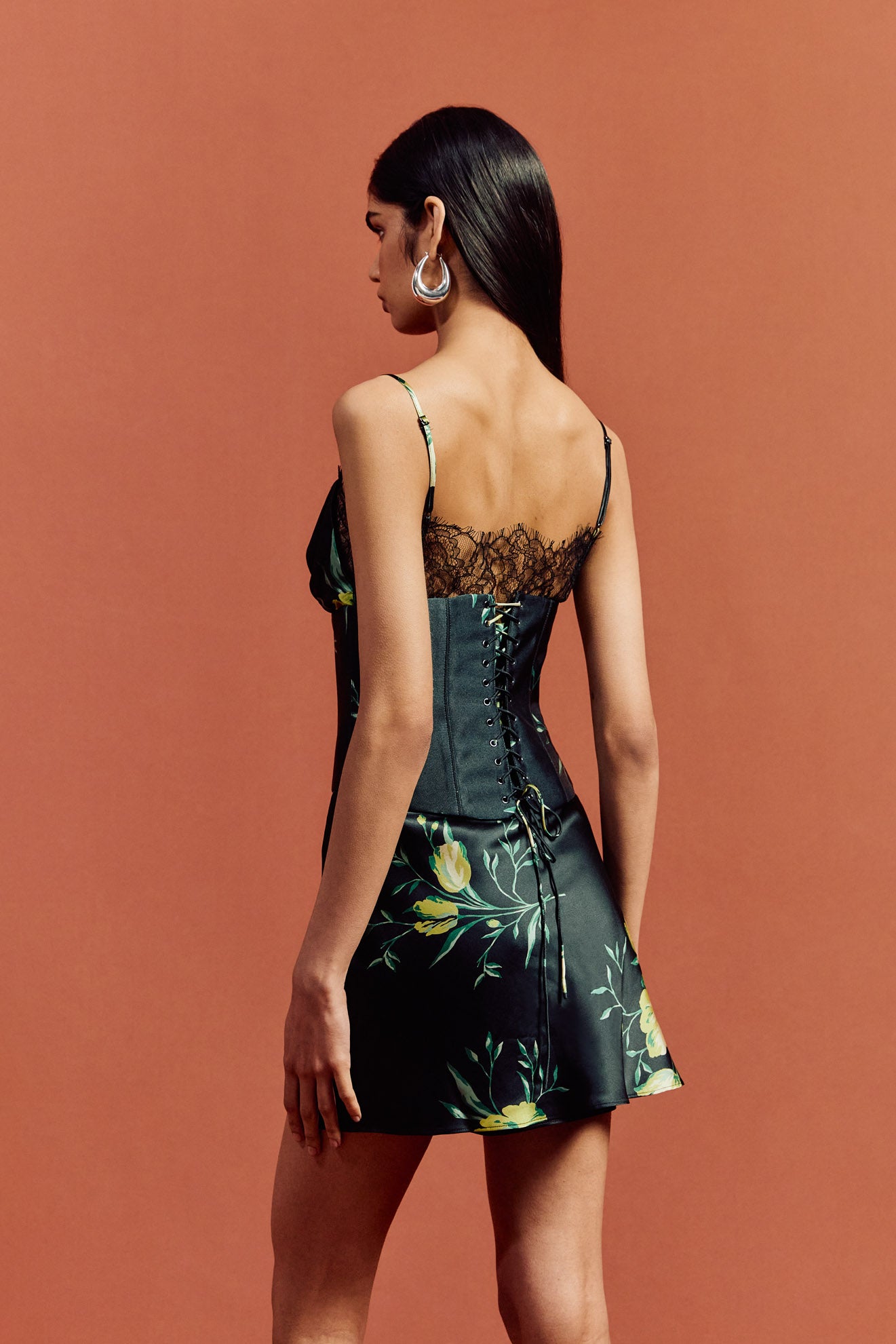 CLEODORA MINI DRESS IN PRIMAVERA - BLACK SILK SATIN, LACE - De La Vali