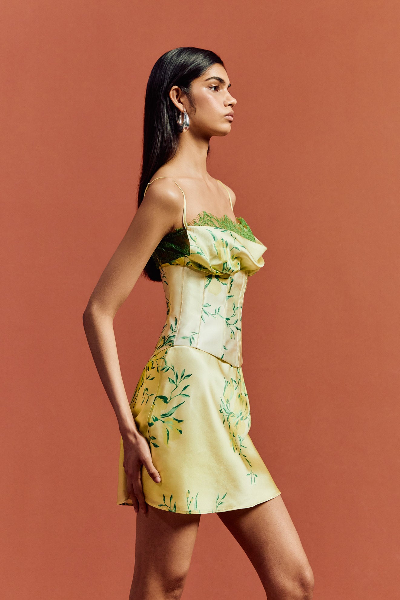 CLEODORA MINI DRESS IN PRIMAVERA - YELLOW SILK SATIN, LACE - De La Vali