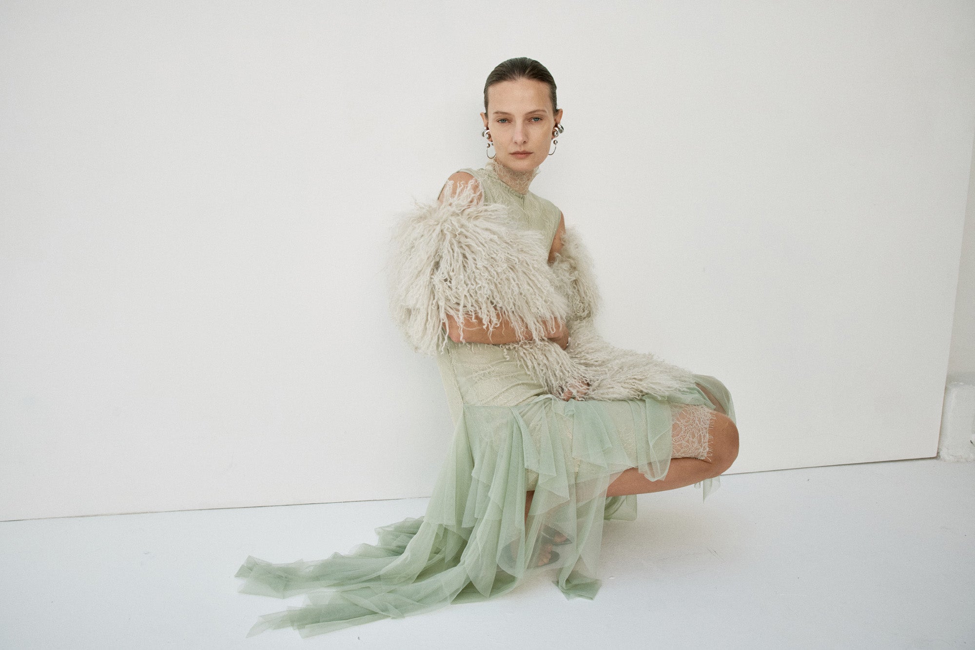 MORWEN MIDI DRESS IN STONE BEIGE & SAGE GREEN FINE LACE