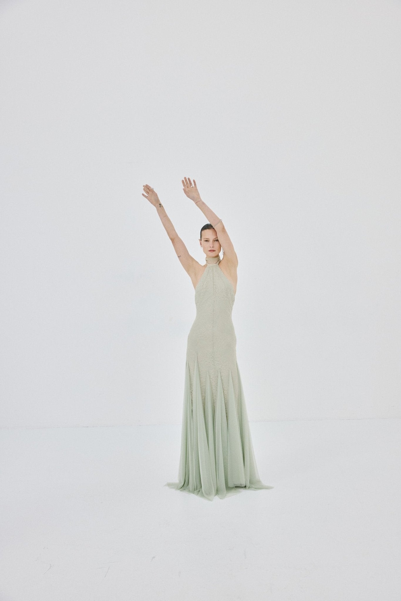 ELOWEN MAXI DRESS IN STONE BEIGE AND SAGE GREEN FINE LACE