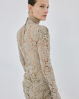AGARTHA MINI DRESS IN TRUFFLE BROWN METALLIC LACE - De La Vali