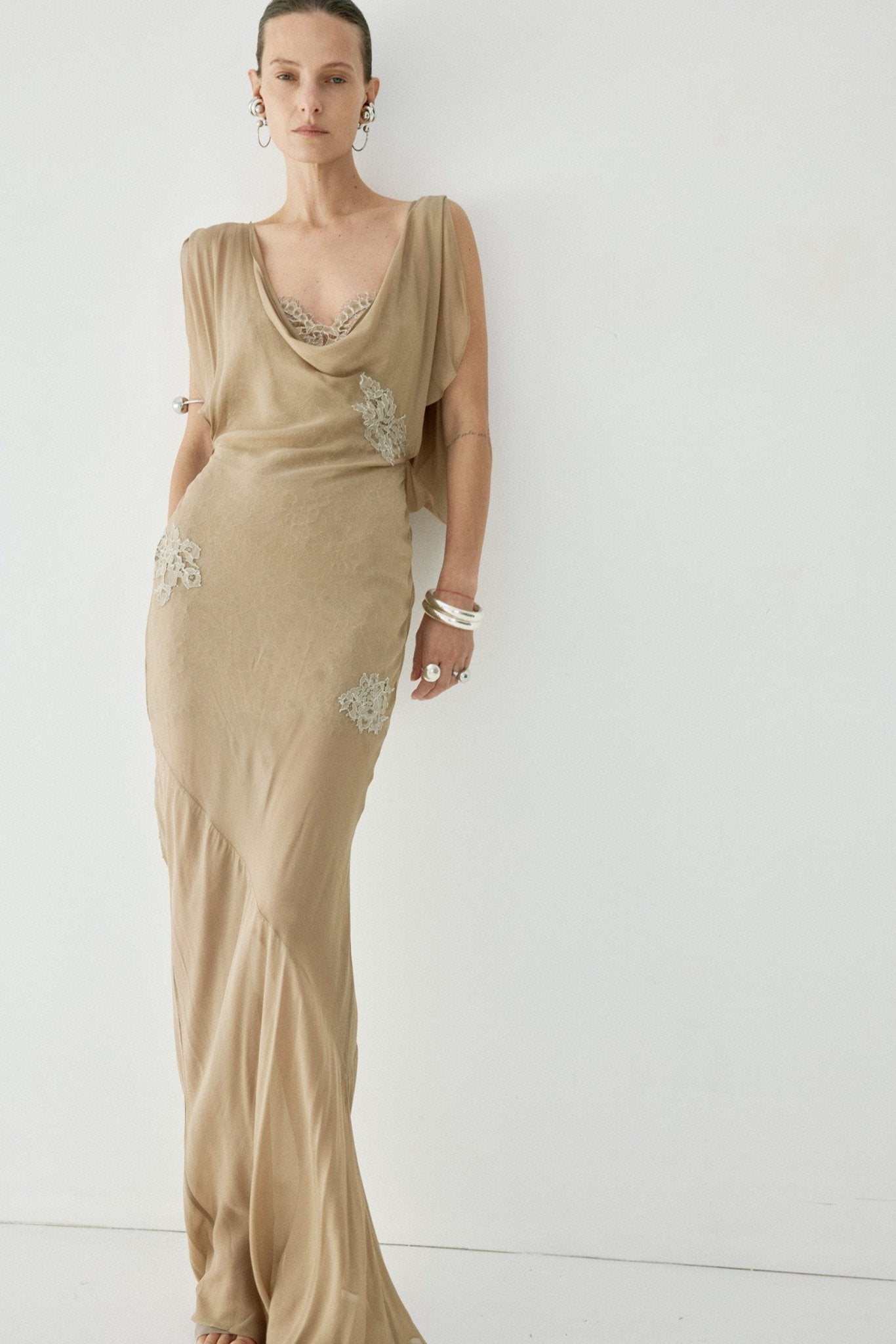 EMERALD MAXI DRESS IN TRUFFLE BROWN LACE